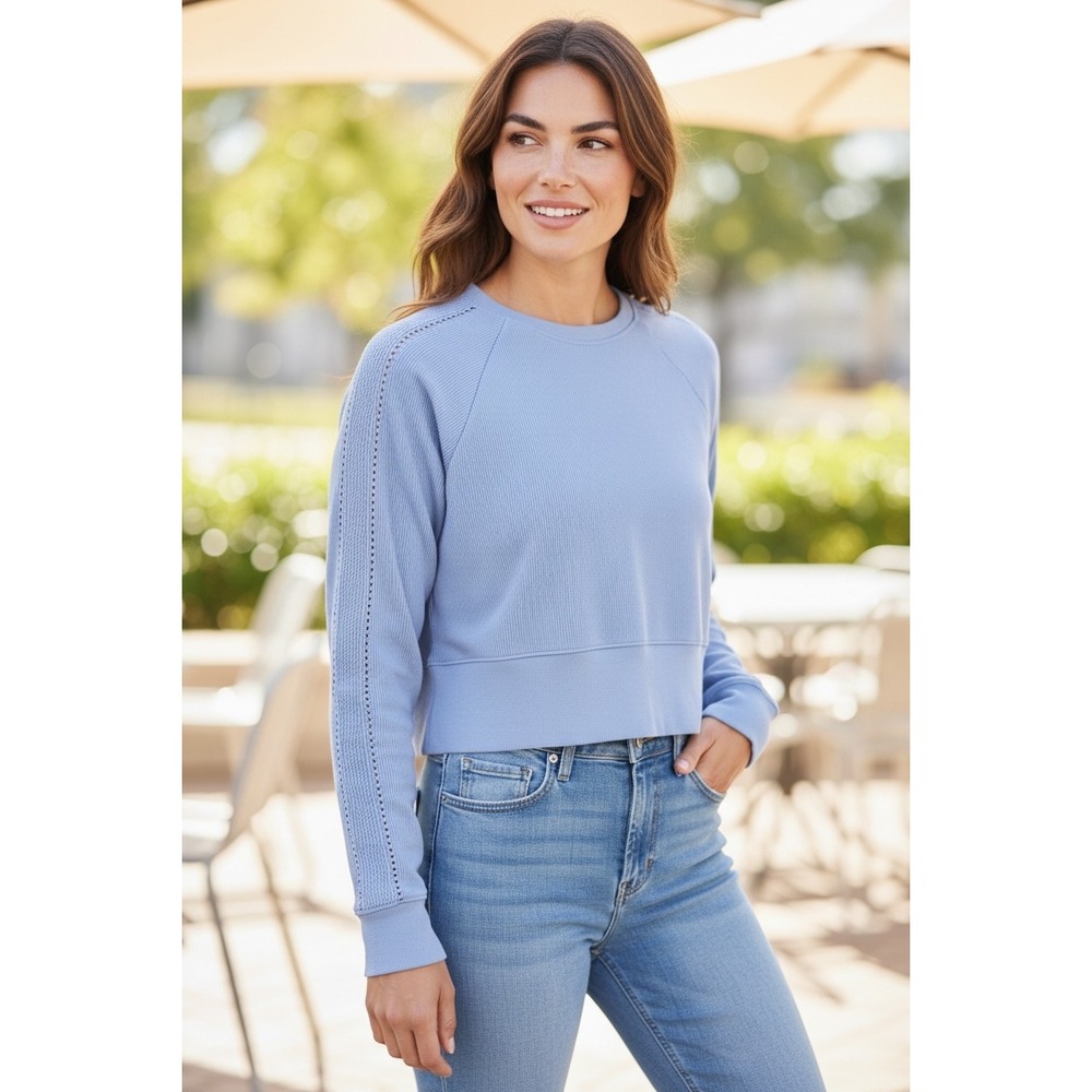 OFFLINE by Aerie Blue Ribbed Long Sleeve Crop Top XL Braided Shoulder Detail